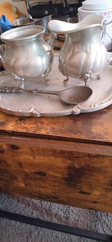 Antiek tinnen theeservies met dienblad en lepel, Antiek en Kunst, Antiek | Tin, Ophalen of Verzenden