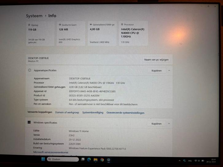 Medion Laptop - Intel Celeron N4000, 4GB RAM, 119GB Opslag, Computers en Software, Windows Laptops, Gebruikt, 15 inch, SSD, Minder dan 2 Ghz