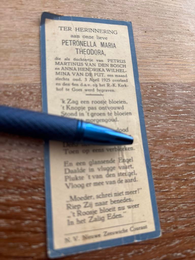 Bosch van den Petronella 1925 Goes dv vd Bosch en vd Put, Ophalen of Verzenden, Bidprentje