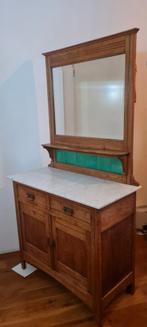 Vintage Eiken Kast met Geslepen Spiegel en Marmeren Blad, Ophalen of Verzenden