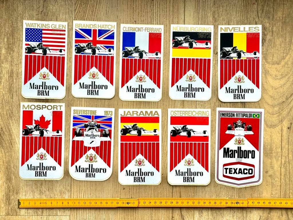 10x Vintage stickers Formule 1 1972 Marlboro BRM Silverstone, Ophalen, Zo goed als nieuw, Formule 1