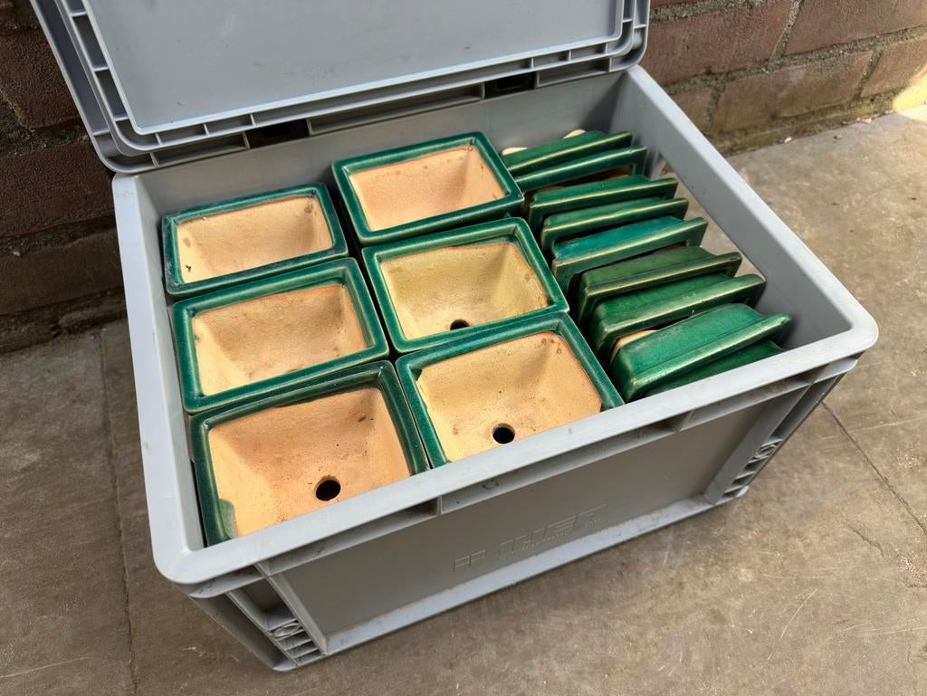 Doos vol schone onbeschadigde bonsai schalen (39), Ophalen, Zo goed als nieuw, Balkon, Aardewerk