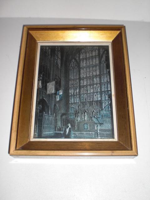 Fraai klein schilderij gebrandschilderd raam kerk goudenrand, Ophalen of Verzenden