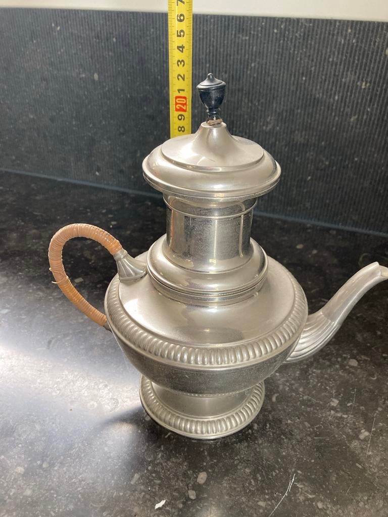Antieke tinnen koffiepot met rieten handvat, Antiek en Kunst, Ophalen of Verzenden