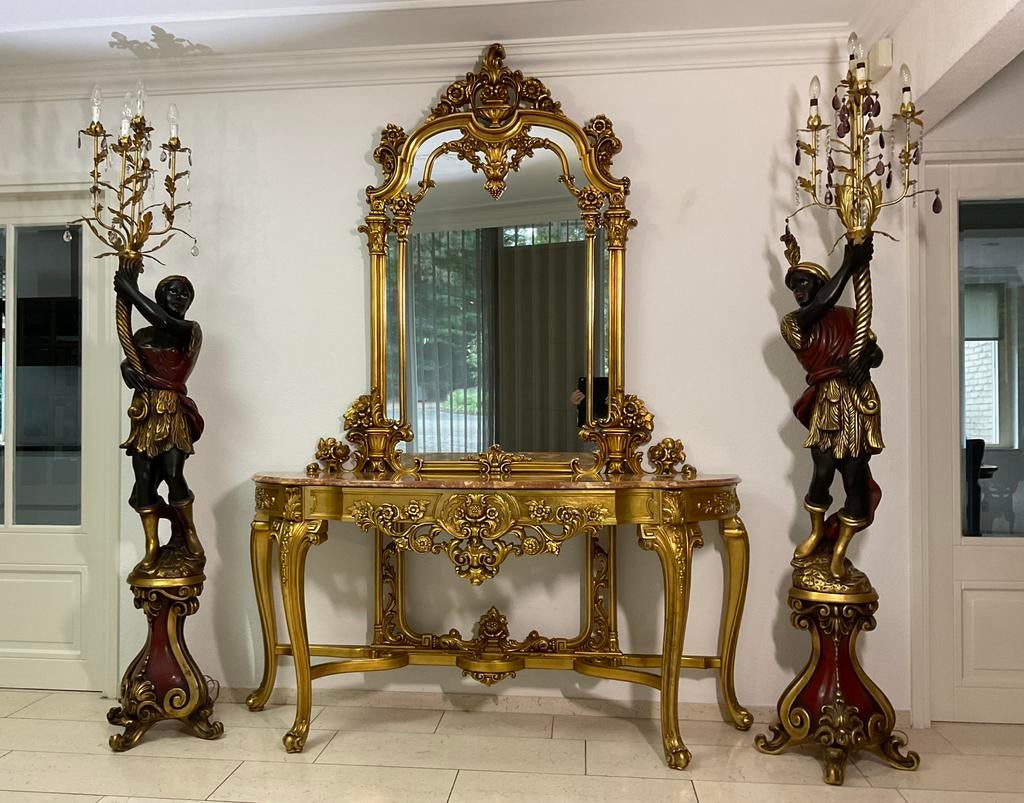 Gesigneerd beeld set Venetian Blackamoor lampen marmer 2.25m, Antiek en Kunst, Antiek | Lampen, Ophalen of Verzenden