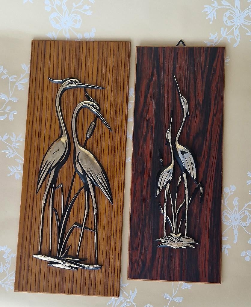 Twee vintage wandpaneeltjes met metaalkleurige reigers, Ophalen of Verzenden