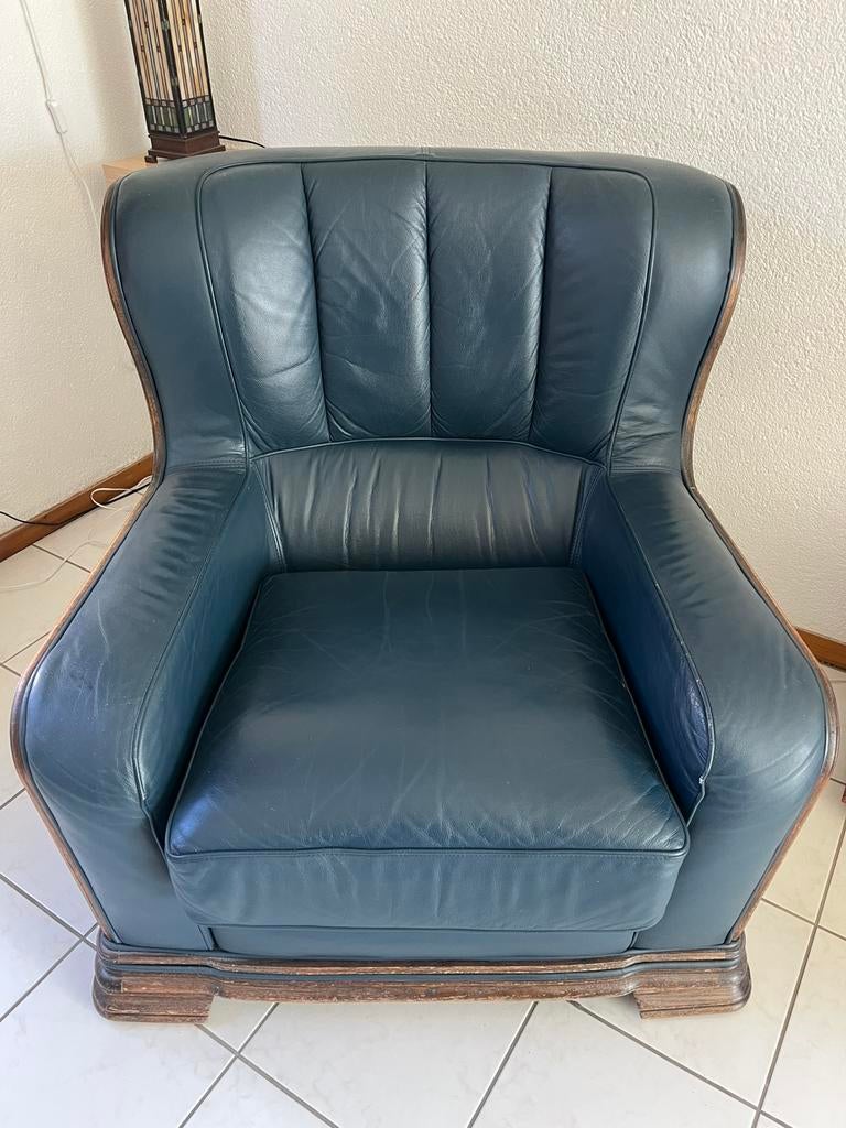 2 Fauteuils:klassiek petrol blauw leren stoelen 90 x 90 x 90, Huis en Inrichting, Fauteuils, Ophalen, 100 tot 125 cm, Leer, Zo goed als nieuw