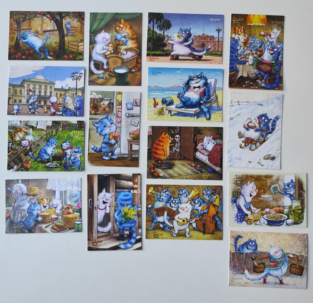 Blue Cats serie ansichtkaarten ongelopen Irina Zeniuk, Ophalen of Verzenden, 1960 tot 1980, Overige thema's