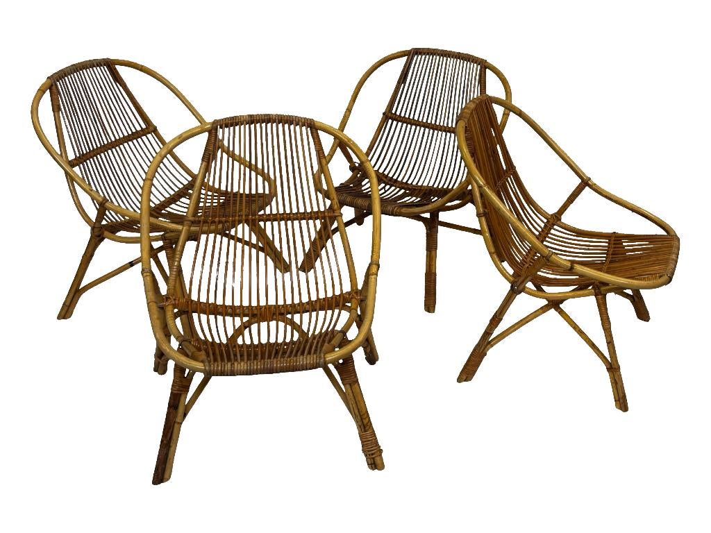 Vintage Set Van 4 Rotan Fauteuils Rohe Noordwolde 1960, Huis en Inrichting, Fauteuils, Gebruikt, Vintage, 50 tot 75 cm, Vintage