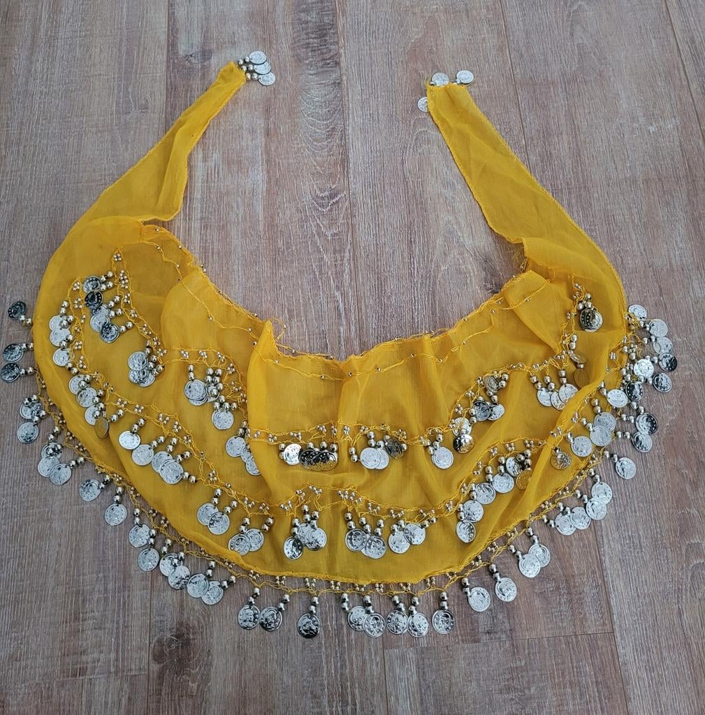 Nieuw!Prachtige buikdans sjaal geel met muntjes zilver kleur, Ophalen of Verzenden, Nieuw