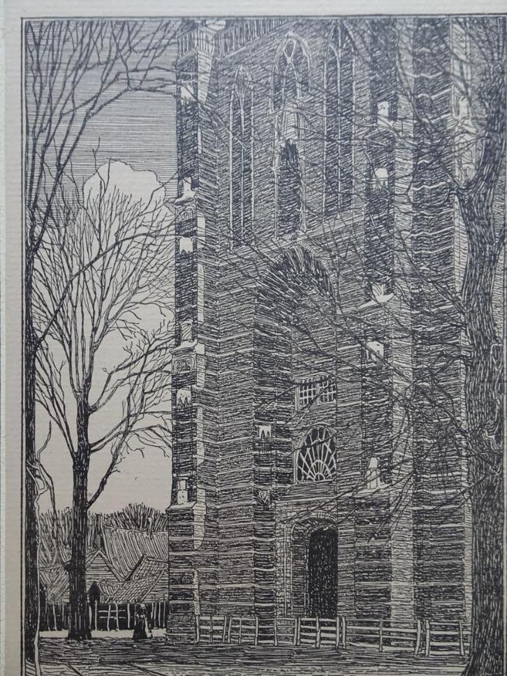 Prent toren St. Nicolaaskerk Monnikendam, WOJ Nieuwenkamp, Verzamelen, Foto's en Prenten, Gebruikt, Prent, Gebouw, Voor 1940, Verzenden