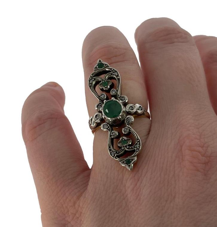 Smaragd diamanten antieke 14k gouden dames ring zilver, Sieraden, Tassen en Uiterlijk, Antieke sieraden, Ring, Goud, Met edelsteen