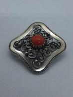 Antieke zilveren Art Nouveau broche met bloedkoraal, Ophalen of Verzenden