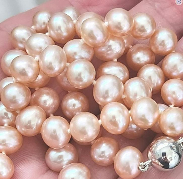 Nieuw parel collier, 46 cm, 31.16 gram, geknoopt, 14K goud, Sieraden, Tassen en Uiterlijk, Kettingen, Nieuw, Goud, Roze, Met edelsteen