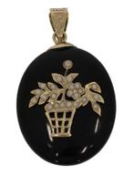 Antieke 14k gouden parels bloemen mand onyx hanger medaillon, Goud, Hanger, Met edelsteen, Ophalen of Verzenden