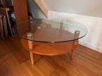 Ronde glazen salontafel met houten onderblad, Ophalen, Gebruikt, 50 tot 100 cm, Glas