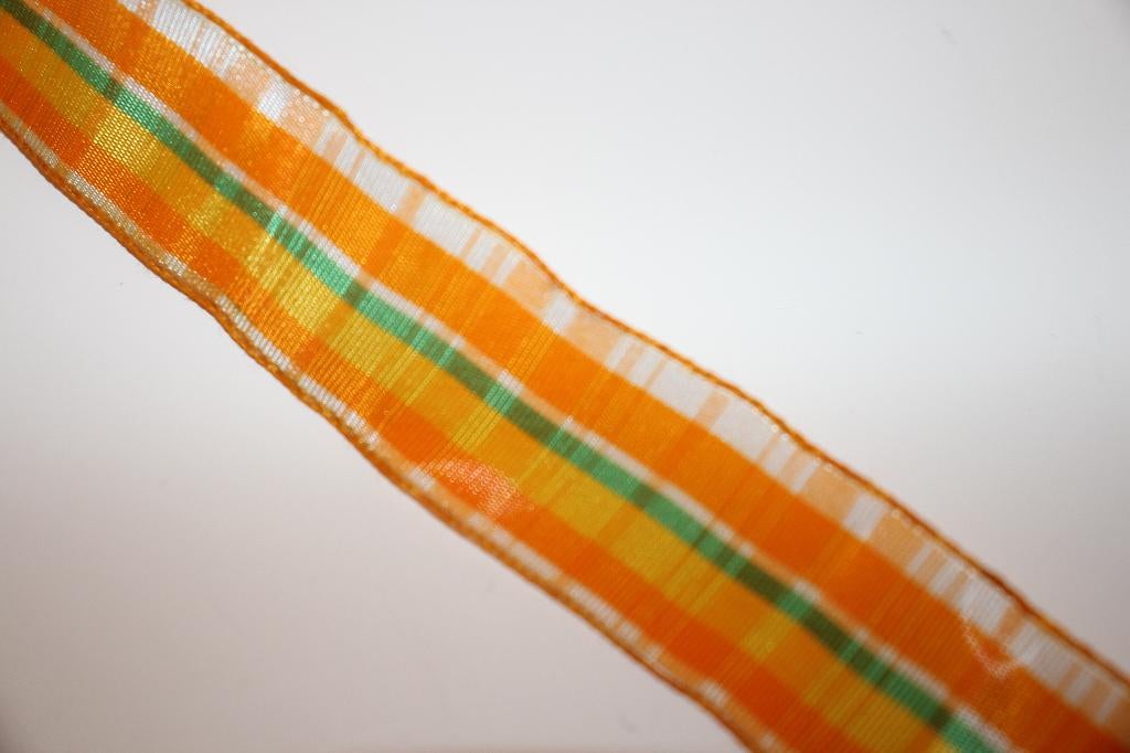 Lint met ijzerdraad - oranje groen geruit - 22mm #3627, Hobby en Vrije tijd, Ophalen of Verzenden, Nieuw, Lint, Band of Elastiek
