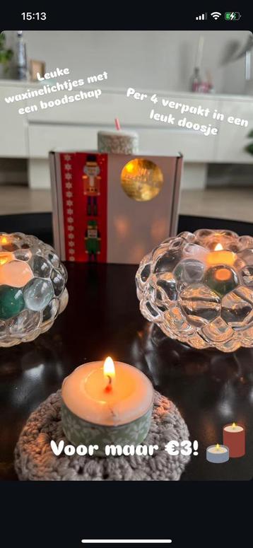 Waxinelichtjes met kerstboodschap 4 stuks in doosje nieuw  beschikbaar voor biedingen