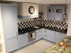 S-19 Moderne landelijke keuken, grijsblauw met zwart accent, Ophalen, Blauw, Hoekkeuken, Hoogglans of Gelakt