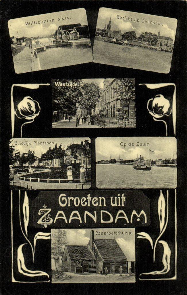 Groeten uit Zaandam - 6 afb o.a Gezicht op - 1908 gelopen, Verzamelen, Ansichtkaarten | Nederland, Ongelopen, Noord-Holland, Voor 1920