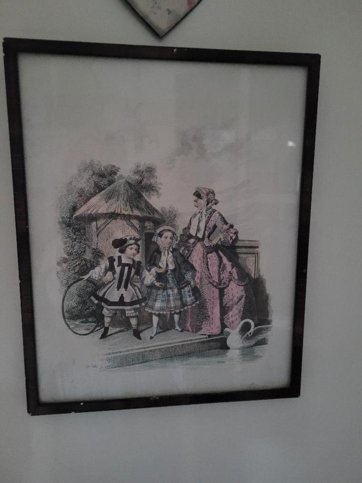 Oude gesigneerde tekening/prent ingelijst, Antiek en Kunst, Curiosa en Brocante, Ophalen of Verzenden