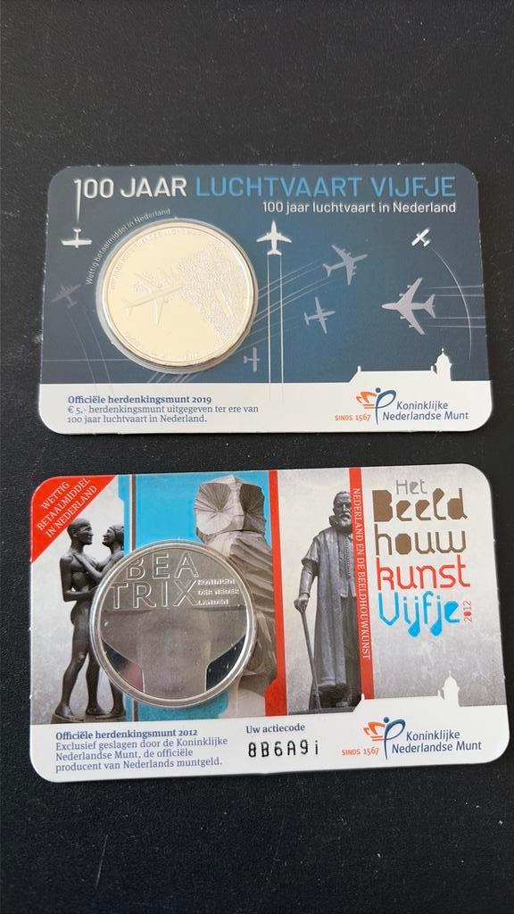Luchtvaartvijfje en beeldhouwkunstvijfje. In cooincards, Postzegels en Munten, Munten | Europa | Euromunten, Losse munt, 5 euro