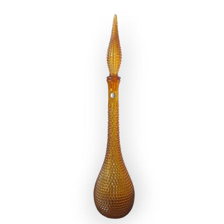 Vintage 60s amber Empoli genie bottle met stop 58 cm 2511, Antiek en Kunst, Antiek | Glas en Kristal, Ophalen of Verzenden