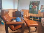 Retro, vintage, bruine leren fauteuil, Antiek en Kunst, Ophalen