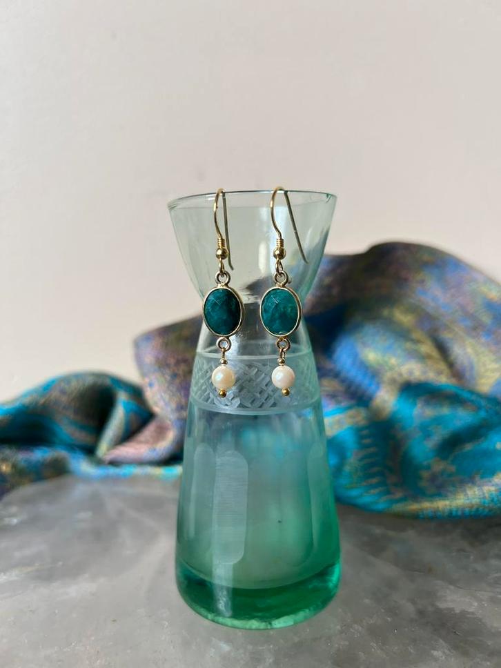 Smaragd zoetwater parel geluk beschermt vreugde intuïtie TIP, Sieraden, Tassen en Uiterlijk, Oorbellen, Nieuw, Zilver, Groen, Met edelsteen