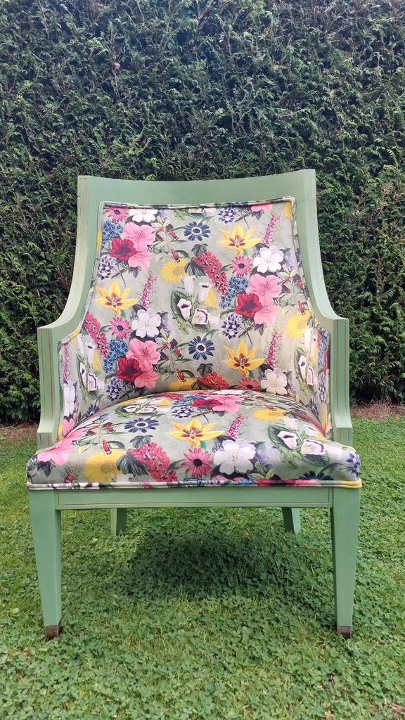 Unieke handgestoffeerde bloemenstoel, Huis en Inrichting, Fauteuils, Zo goed als nieuw, Ophalen