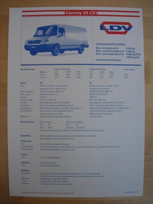 LDV Convoy Technische Specificatie Brochure ca 1998, Boeken, Auto's | Folders en Tijdschriften, Zo goed als nieuw, Overige merken