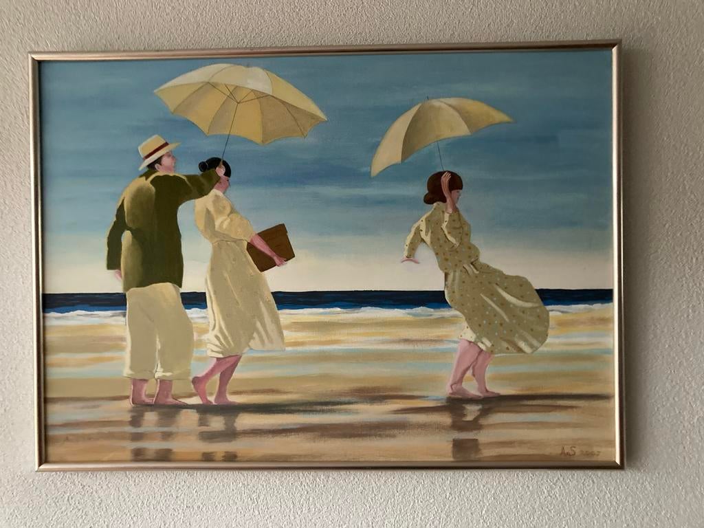 Strandtafereel met parasols, met lijst, Antiek en Kunst, Ophalen