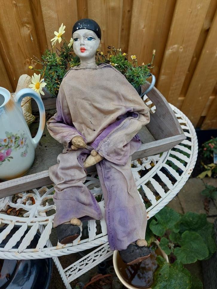 Mooie oude sleetse Franse Brocante Pierrot Sofa-Doll **, Verzamelen, Poppen, Gebruikt, Pop, Ophalen of Verzenden