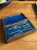 Vintage passerdoos tekenset in mooi mahoniehouten kistje, Antiek en Kunst, Ophalen of Verzenden