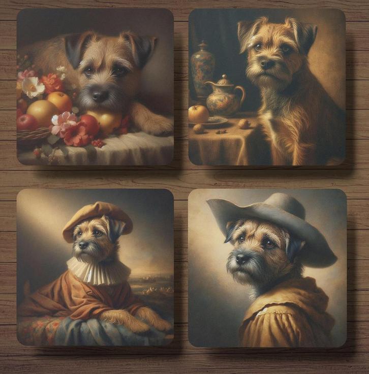 Border Terriër Rembrandt stijl onderzetters met houder, Huis en Inrichting, Woonaccessoires | Onderzetters, Nieuw, Glas of Kopje