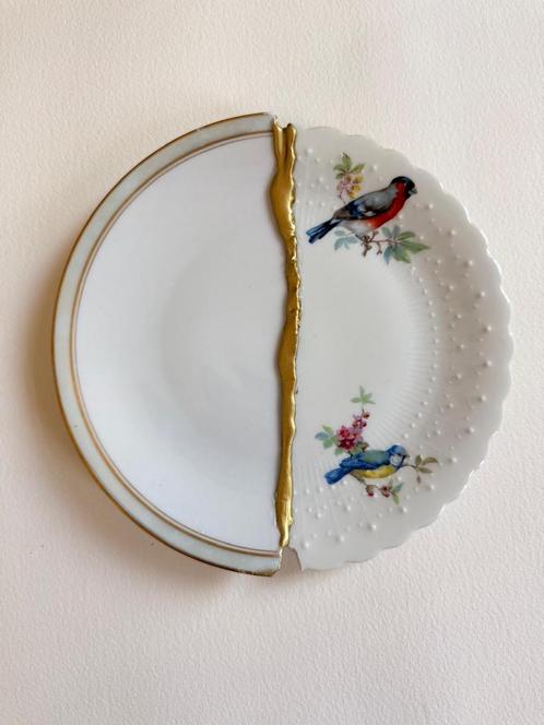 Prachtig vintage vogel bordje Kintsugi, Antiek en Kunst, Curiosa en Brocante, Ophalen of Verzenden