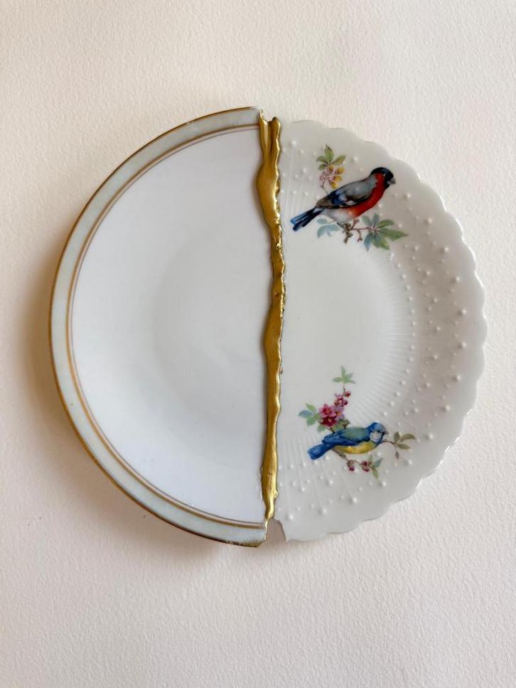 Prachtig vintage vogel bordje Kintsugi, Antiek en Kunst, Curiosa en Brocante, Ophalen of Verzenden