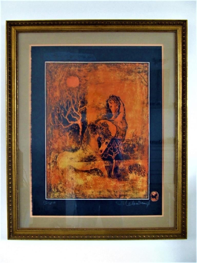 Labadang printlithografie paarden in landschap., Antiek en Kunst, Kunst | Litho's en Zeefdrukken, Ophalen