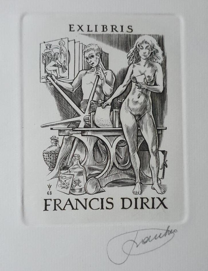 Exlibris Frank-Ivo van Damme, drukker en muze, Antiek en Kunst, Kunst | Etsen en Gravures, Verzenden