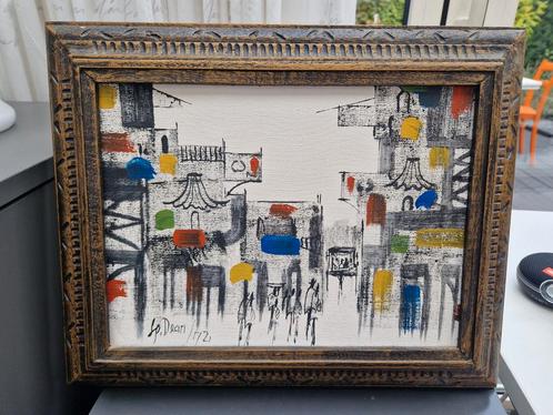 SP Dean, kleurrijk stadsgezicht primaire kleuren schilderij, Antiek en Kunst, Kunst | Schilderijen | Modern, Ophalen of Verzenden