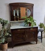 Eiken commode waskast met marmeren blad en spiegel, Antiek en Kunst, Ophalen of Verzenden