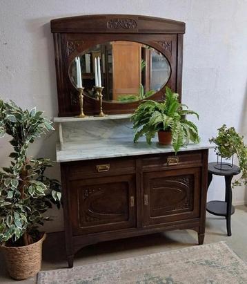 Eiken commode waskast met marmeren blad en spiegel beschikbaar voor biedingen