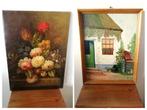 Oude prent canvas bloemen stilleven en schilderijtje 1949, Antiek en Kunst, Ophalen of Verzenden