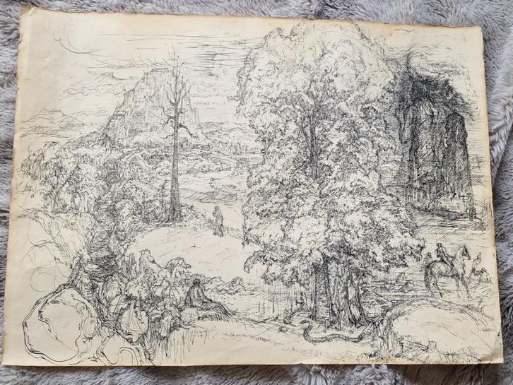 Originele pentekening – 19e eeuws - met blindstempel, Antiek en Kunst, Kunst | Schilderijen | Klassiek, Ophalen of Verzenden
