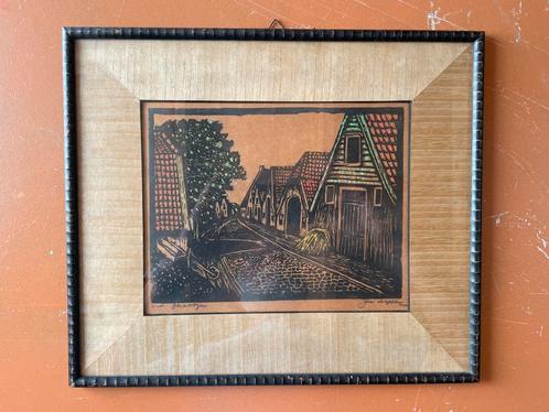 Houtsnede Jac de Beer Ingelijst Straatbeeld Gesigneerd Kunst, Antiek en Kunst, Kunst | Etsen en Gravures, Ophalen of Verzenden