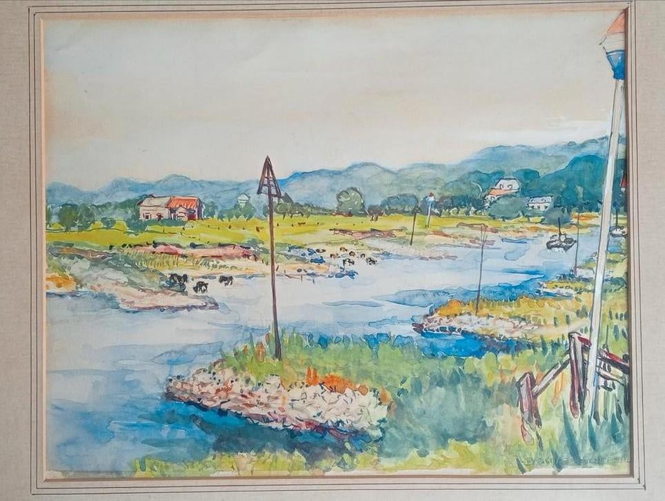 De IJssel Dorp De Steeg 20e eeuw aquarel, Antiek en Kunst, Kunst | Schilderijen | Klassiek, Ophalen of Verzenden