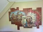 Mooi schilderij indianen op houten panelen, Antiek en Kunst, Ophalen