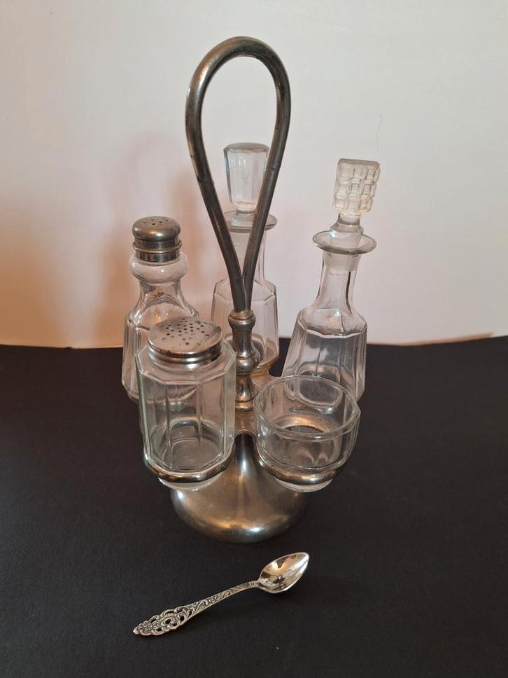 Antieke tafelset. Olie, azijn, zout, peper en mosterd., Antiek en Kunst, Antiek | Keukenbenodigdheden, Ophalen of Verzenden