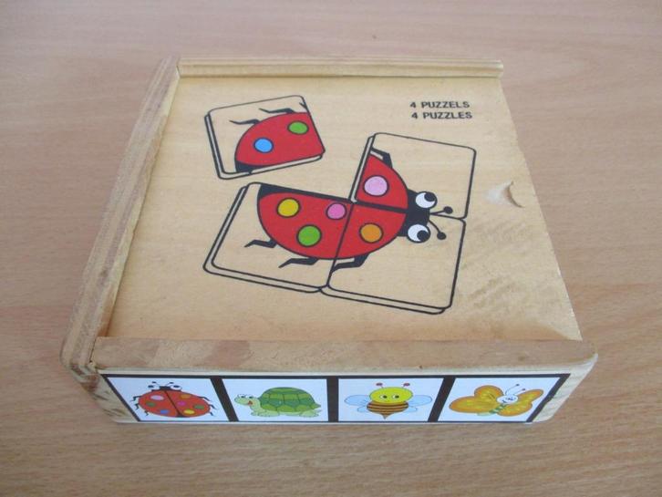 4 houten dieren puzzels van 4 stukjes - in houten doosje, Kinderen en Baby's, Speelgoed | Kinderpuzzels, Zo goed als nieuw, 2 tot 4 jaar