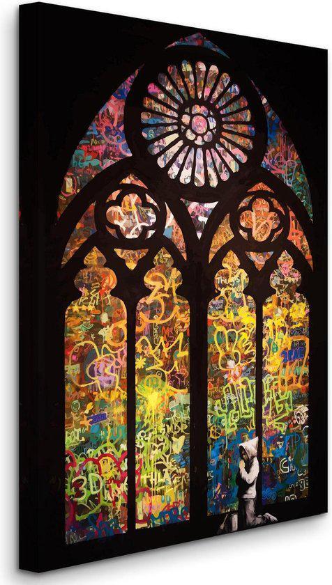 Banksy graffiti canvas met glas-in-lood kerk, Antiek en Kunst, Kunst | Schilderijen | Modern, Ophalen of Verzenden